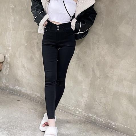 【DOE.FF】純黑兩釦激瘦彈力魔術褲｜現貨｜小腳褲 彈力褲 窄管褲 韓國 韓版 韓系 高腰長褲 顯瘦長褲 長褲女-細節圖4