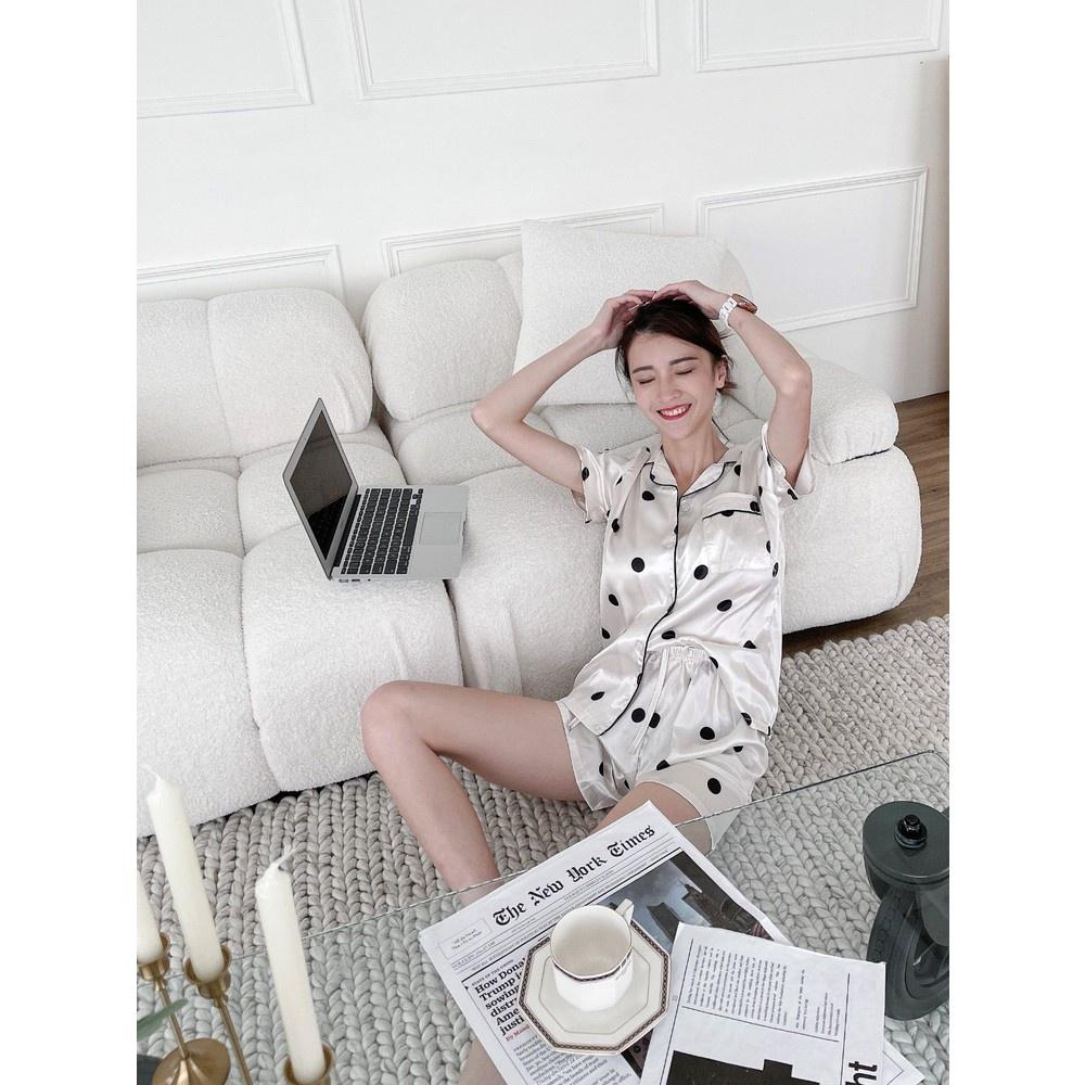 【DOE.FF】復古點點冰絲兩件套睡衣  (現貨) 居家服 睡衣 睡衣女 睡衣裙 性感睡衣 情趣睡衣 女裝 辣妹風-細節圖2