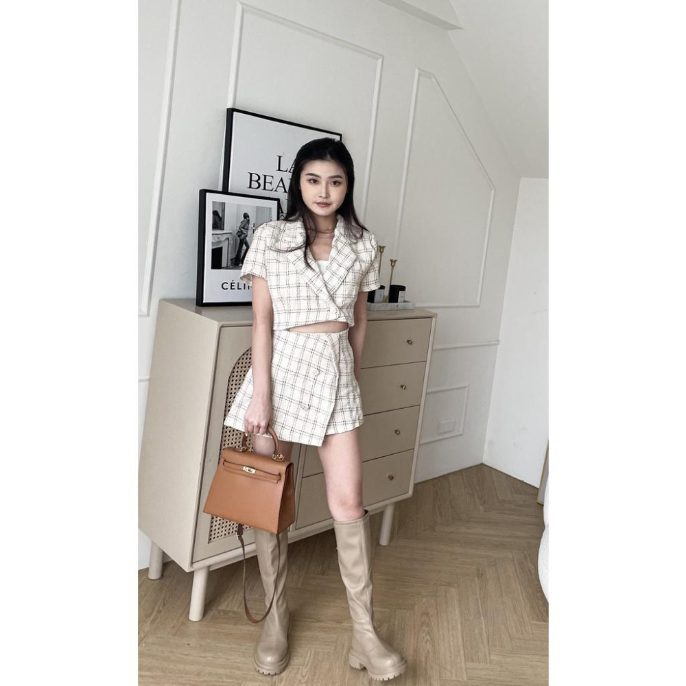 【DOE.FF】微秋純欲奶杏小香套裝｜現貨｜小香風 套裝女 西裝外套 西裝套裝 包臀短裙 A字短裙 小香風套裝 秋冬套裝-細節圖3