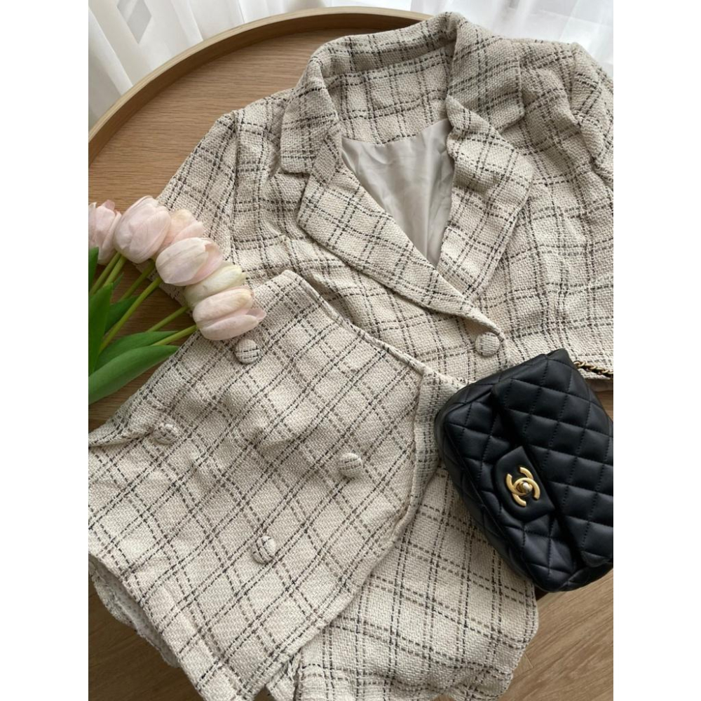 【DOE.FF】微秋純欲奶杏小香套裝｜現貨｜小香風 套裝女 西裝外套 西裝套裝 包臀短裙 A字短裙 小香風套裝 秋冬套裝-細節圖8