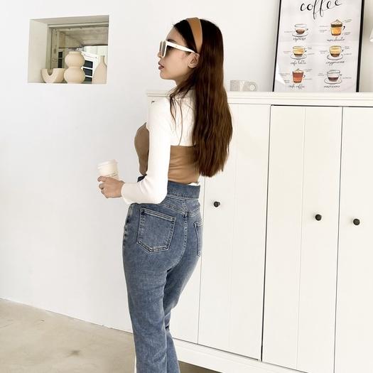 【DOE.FF】韓國褲頭反摺牛仔喇叭褲 ｜現貨｜長褲女 正韓 韓標 牛仔褲 牛仔長褲 喇叭褲 合身長褲 INS風 長褲-細節圖3