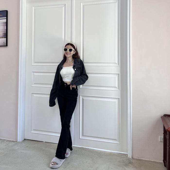 【DOE.FF】韓國褲頭反摺牛仔喇叭褲 ｜現貨｜長褲女 正韓 韓標 牛仔褲 牛仔長褲 喇叭褲 合身長褲 INS風 長褲-細節圖5