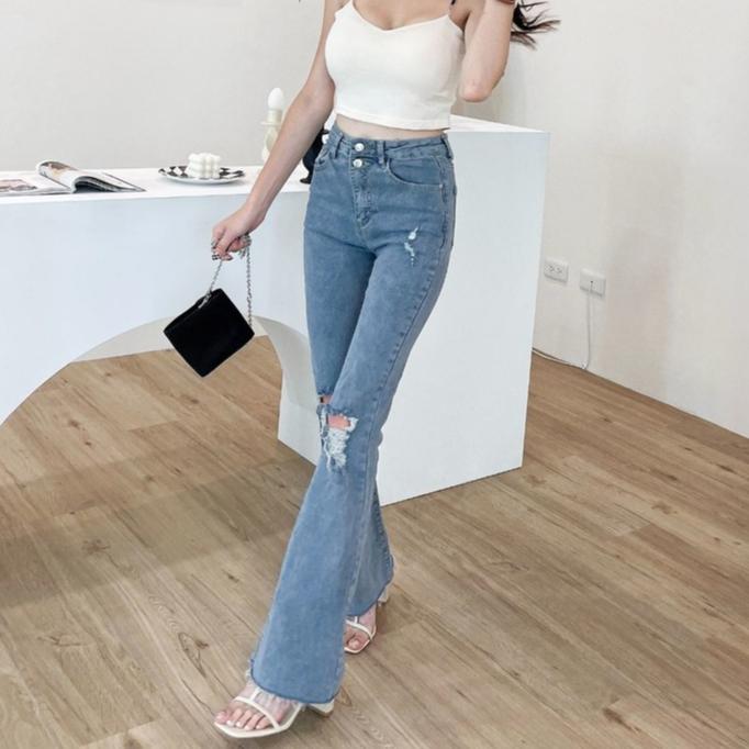 【DOE.FF】刷破翹臀牛仔喇叭褲  (現貨) 牛仔長褲 高腰長褲 牛仔褲 牛仔高腰 喇叭褲女 顯瘦長褲-細節圖5