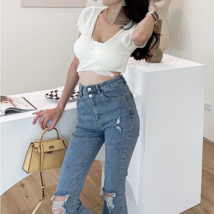 【DOE.FF】刷破翹臀牛仔喇叭褲  (現貨) 牛仔長褲 高腰長褲 牛仔褲 牛仔高腰 喇叭褲女 顯瘦長褲-細節圖6