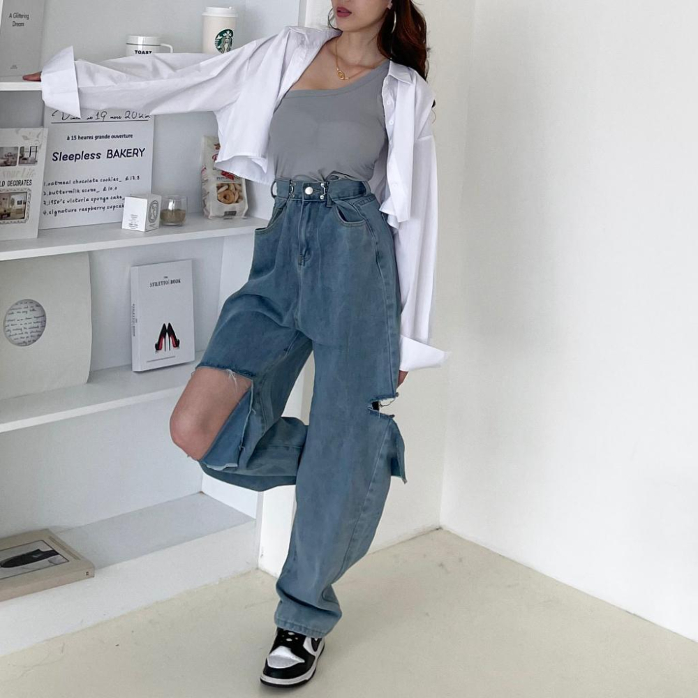 【DOE.FF】 扣環割破牛仔寬褲 S~XL (現貨) 牛仔褲 長褲女 寬褲 直筒褲 顯瘦長褲 男友褲 中低腰 女裝-細節圖2