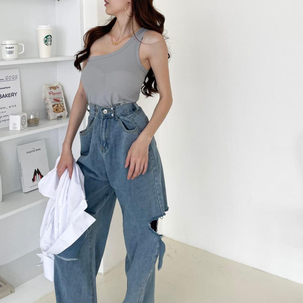 【DOE.FF】 扣環割破牛仔寬褲 S~XL (現貨) 牛仔褲 長褲女 寬褲 直筒褲 顯瘦長褲 男友褲 中低腰 女裝-細節圖4