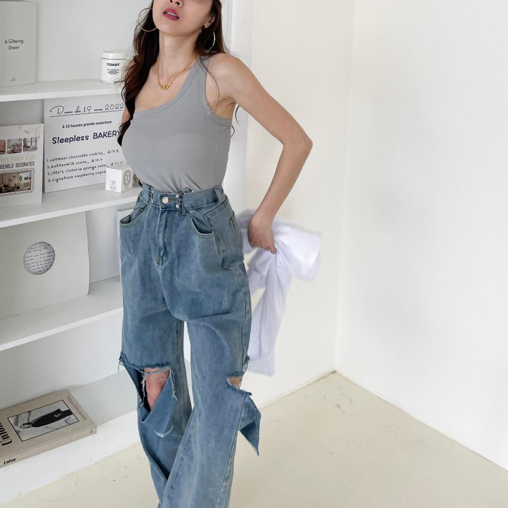 【DOE.FF】 扣環割破牛仔寬褲 S~XL (現貨) 牛仔褲 長褲女 寬褲 直筒褲 顯瘦長褲 男友褲 中低腰 女裝-細節圖5