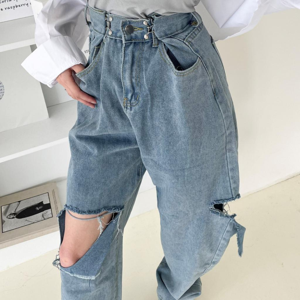 【DOE.FF】 扣環割破牛仔寬褲 S~XL (現貨) 牛仔褲 長褲女 寬褲 直筒褲 顯瘦長褲 男友褲 中低腰 女裝-細節圖6
