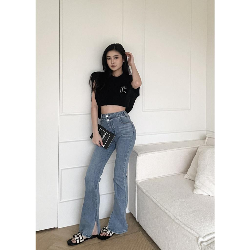 【DOE.FF】 兩釦開岔高腰牛仔喇叭褲 ｜現貨｜ 長褲女 顯瘦長褲 喇叭長褲 高腰長褲 牛仔褲 牛仔長褲 喇叭褲-細節圖2