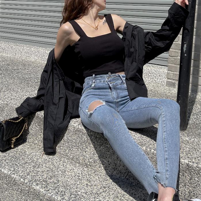 【DOE.FF】割破八分牛仔褲 (現貨) 窄管褲 長褲女 緊身褲 顯瘦長褲 高腰長褲 小腳褲 女裝 牛仔長褲-細節圖5