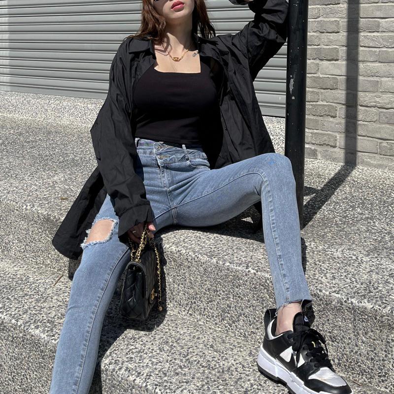 【DOE.FF】割破八分牛仔褲 (現貨) 窄管褲 長褲女 緊身褲 顯瘦長褲 高腰長褲 小腳褲 女裝 牛仔長褲-細節圖7