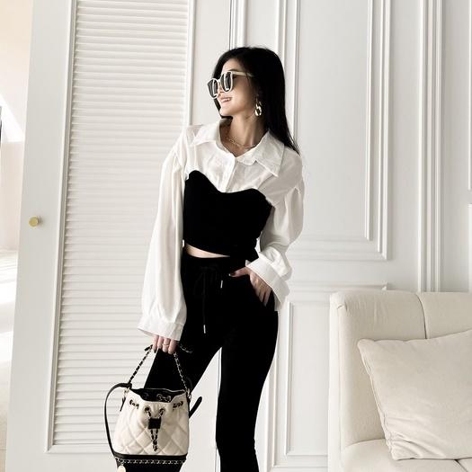 【DOE.FF】假兩件桃心襯衫 （現貨） 短版上衣 襯衫 襯衫女 馬甲 辣妹 女裝 上衣女 短版上衣 小香風-細節圖5