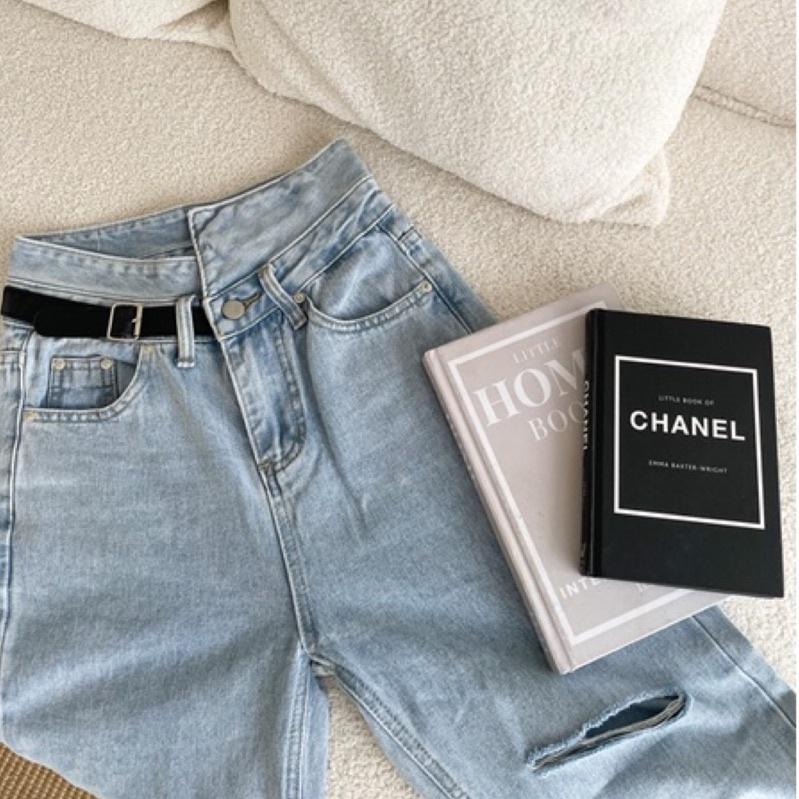 【DOE.FF】 造型假皮帶淡藍直筒褲｜現貨｜牛仔褲 男友褲 寬褲 牛仔長褲 長褲女 顯瘦長褲 高腰長褲-細節圖3