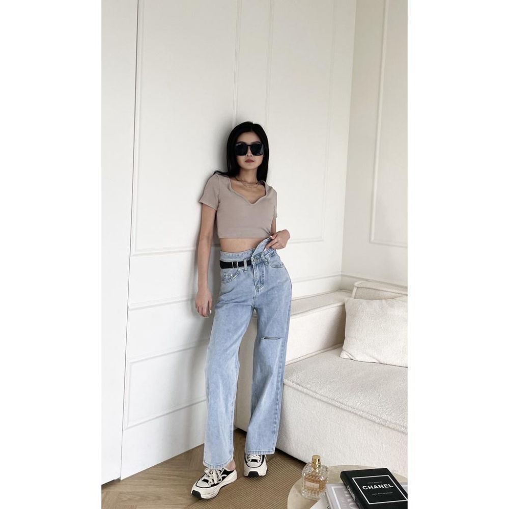 【DOE.FF】 造型假皮帶淡藍直筒褲｜現貨｜牛仔褲 男友褲 寬褲 牛仔長褲 長褲女 顯瘦長褲 高腰長褲-細節圖4