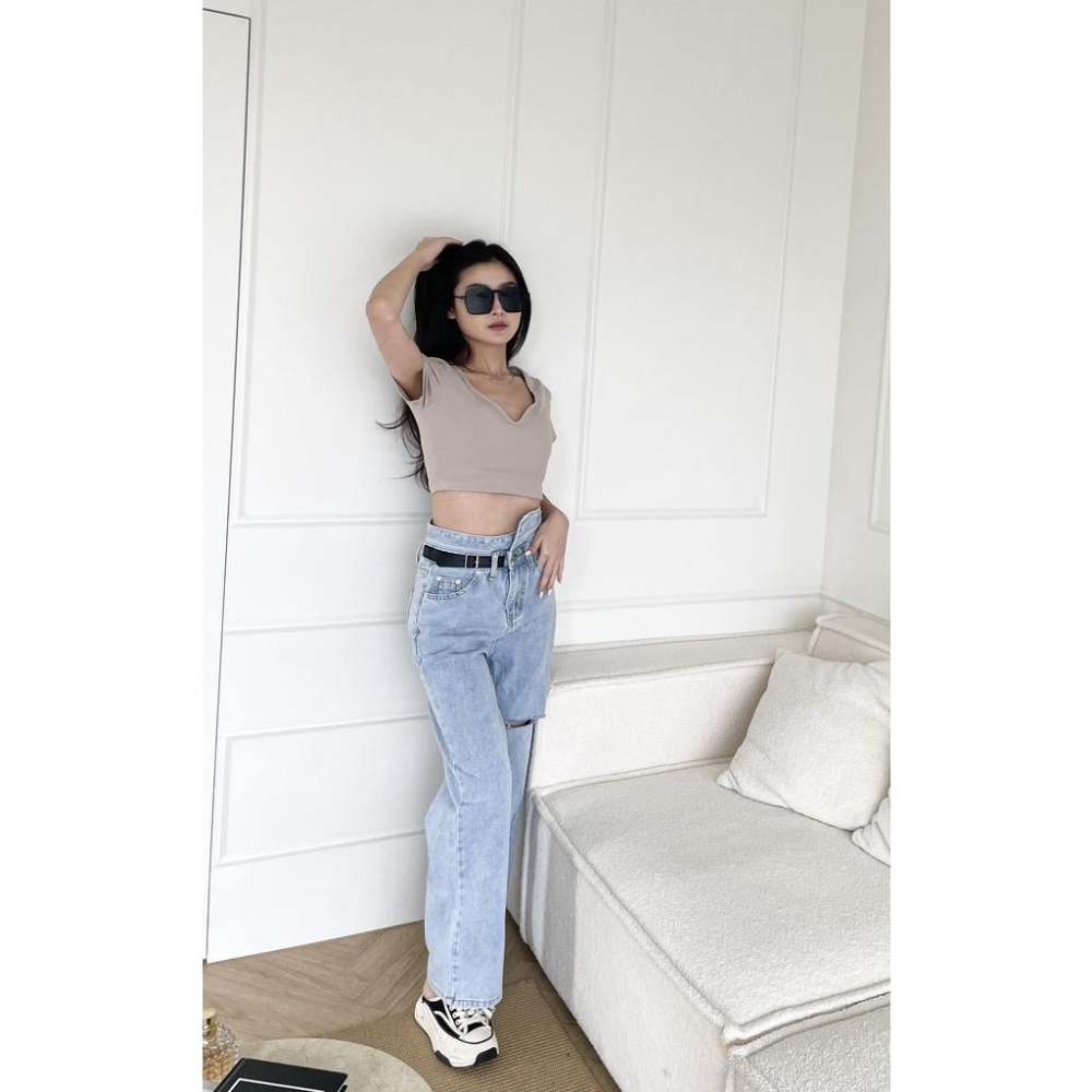 【DOE.FF】 造型假皮帶淡藍直筒褲｜現貨｜牛仔褲 男友褲 寬褲 牛仔長褲 長褲女 顯瘦長褲 高腰長褲-細節圖5