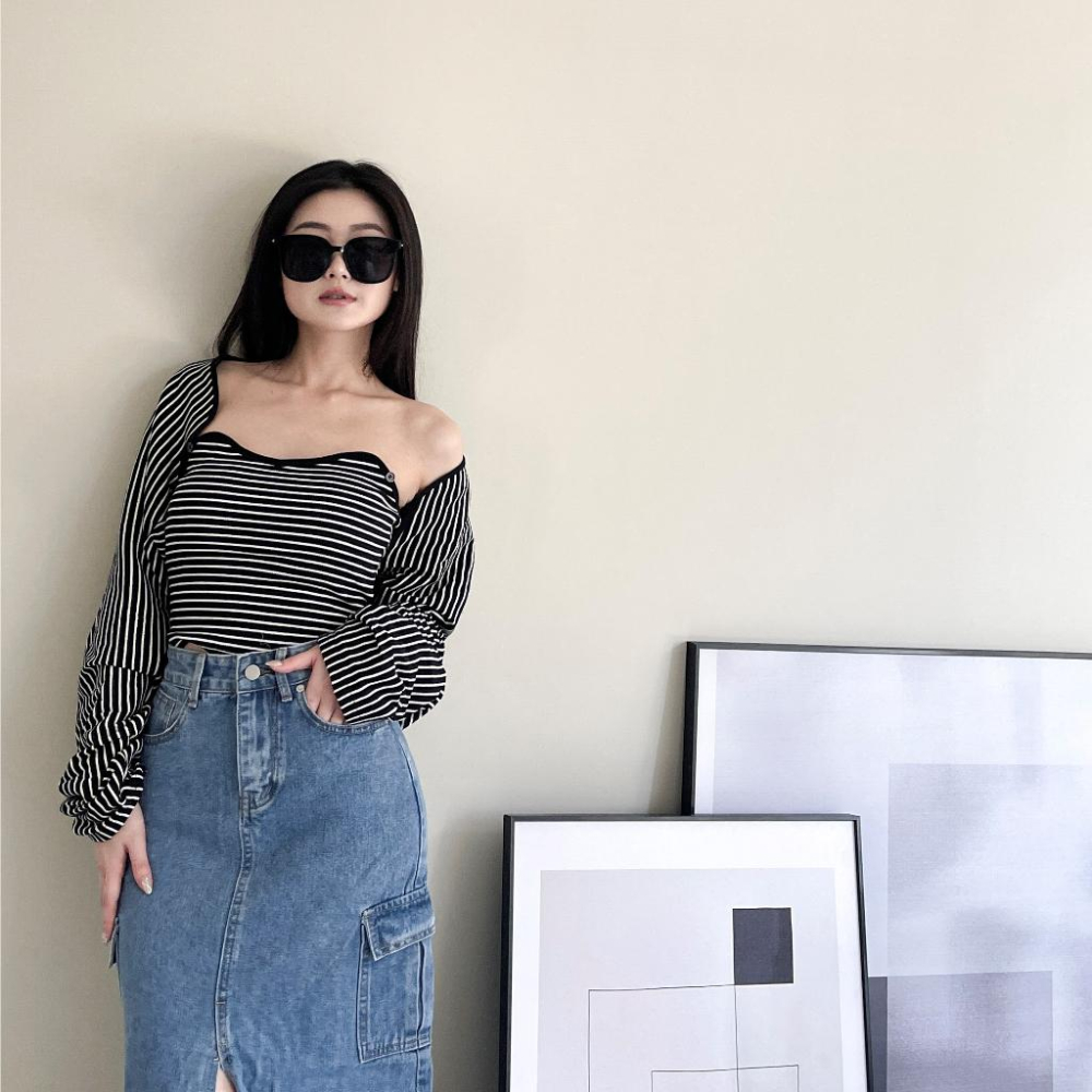 【DOE.FF】 條紋可拆式鈕扣帶杯兩件套 (現+預) 兩件套上衣 SET 套裝女 抹胸背心 平口背心 罩衫女 外套女-細節圖2