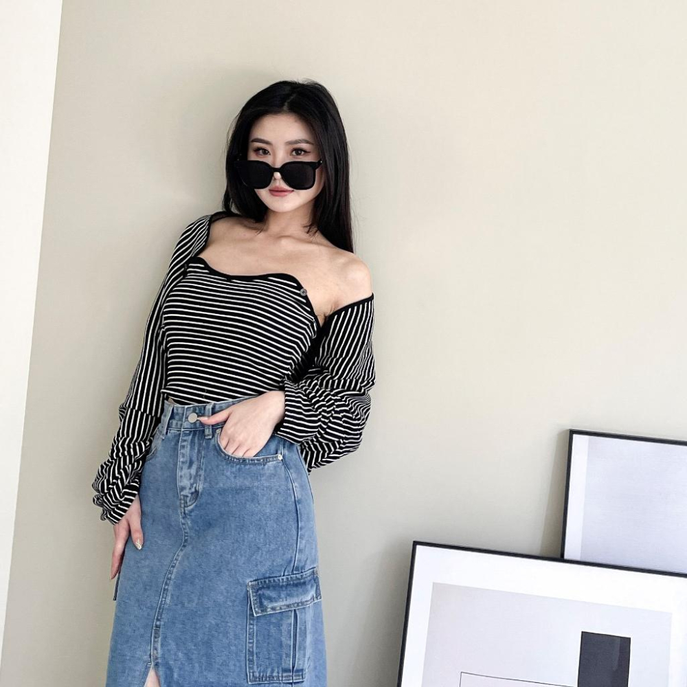 【DOE.FF】 條紋可拆式鈕扣帶杯兩件套 (現+預) 兩件套上衣 SET 套裝女 抹胸背心 平口背心 罩衫女 外套女-細節圖3