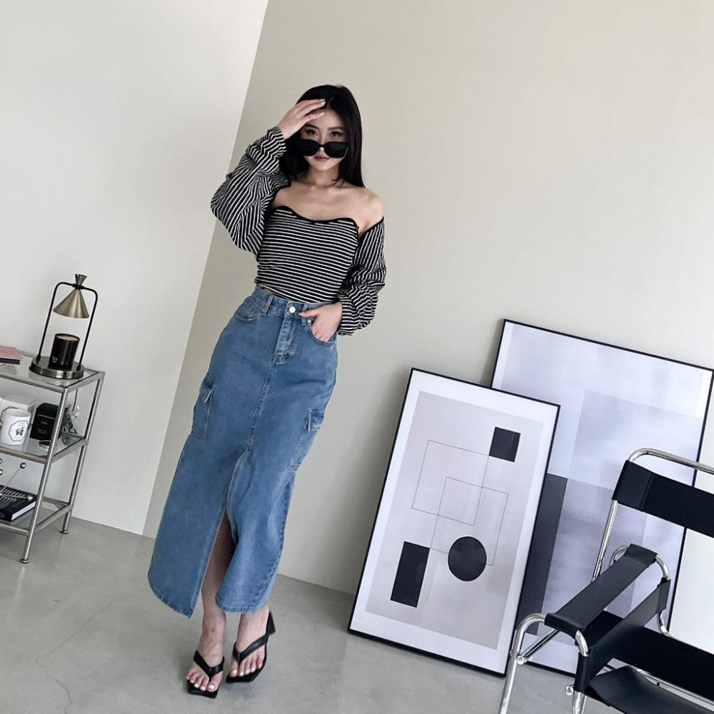 【DOE.FF】 條紋可拆式鈕扣帶杯兩件套 (現+預) 兩件套上衣 SET 套裝女 抹胸背心 平口背心 罩衫女 外套女-細節圖4