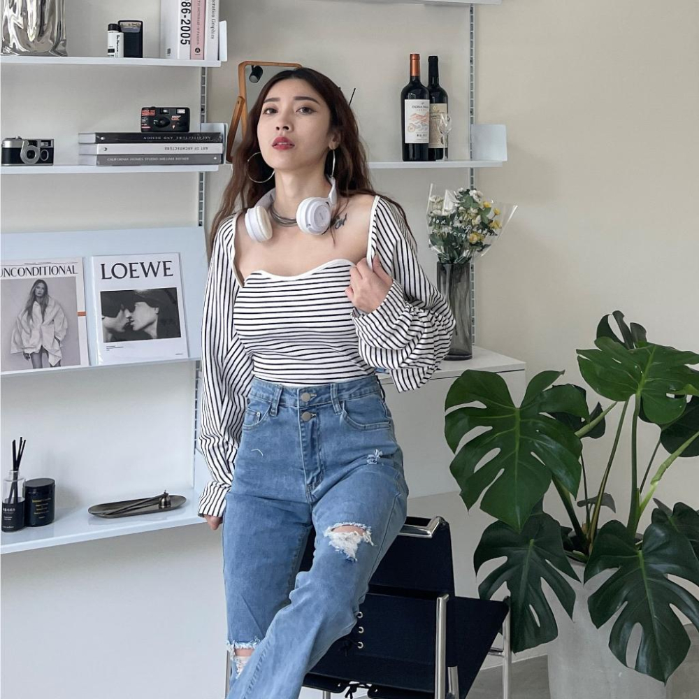 【DOE.FF】 條紋可拆式鈕扣帶杯兩件套 (現+預) 兩件套上衣 SET 套裝女 抹胸背心 平口背心 罩衫女 外套女-細節圖5