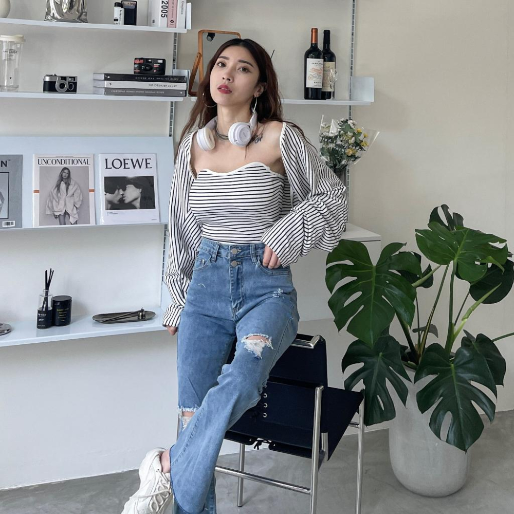 【DOE.FF】 條紋可拆式鈕扣帶杯兩件套 (現+預) 兩件套上衣 SET 套裝女 抹胸背心 平口背心 罩衫女 外套女-細節圖6