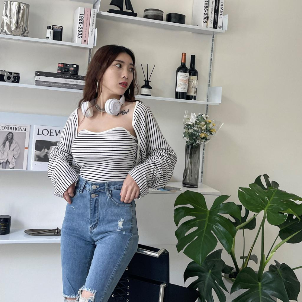 【DOE.FF】 條紋可拆式鈕扣帶杯兩件套 (現+預) 兩件套上衣 SET 套裝女 抹胸背心 平口背心 罩衫女 外套女-細節圖8