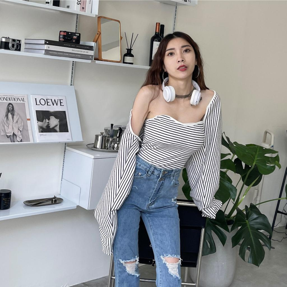 【DOE.FF】 條紋可拆式鈕扣帶杯兩件套 (現+預) 兩件套上衣 SET 套裝女 抹胸背心 平口背心 罩衫女 外套女-細節圖9