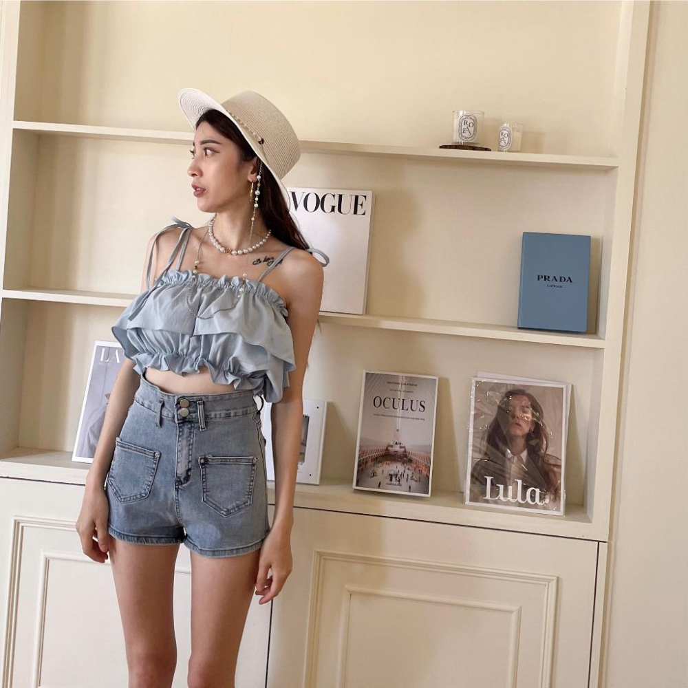 【DOE.FF】 綁帶荷葉抹胸上衣 (現貨) 露肩上衣 平口上衣 抹胸背心 平口背心 背心女 上衣女 雪紡上衣-細節圖2