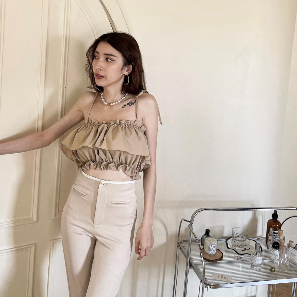 【DOE.FF】 綁帶荷葉抹胸上衣 (現貨) 露肩上衣 平口上衣 抹胸背心 平口背心 背心女 上衣女 雪紡上衣-細節圖6