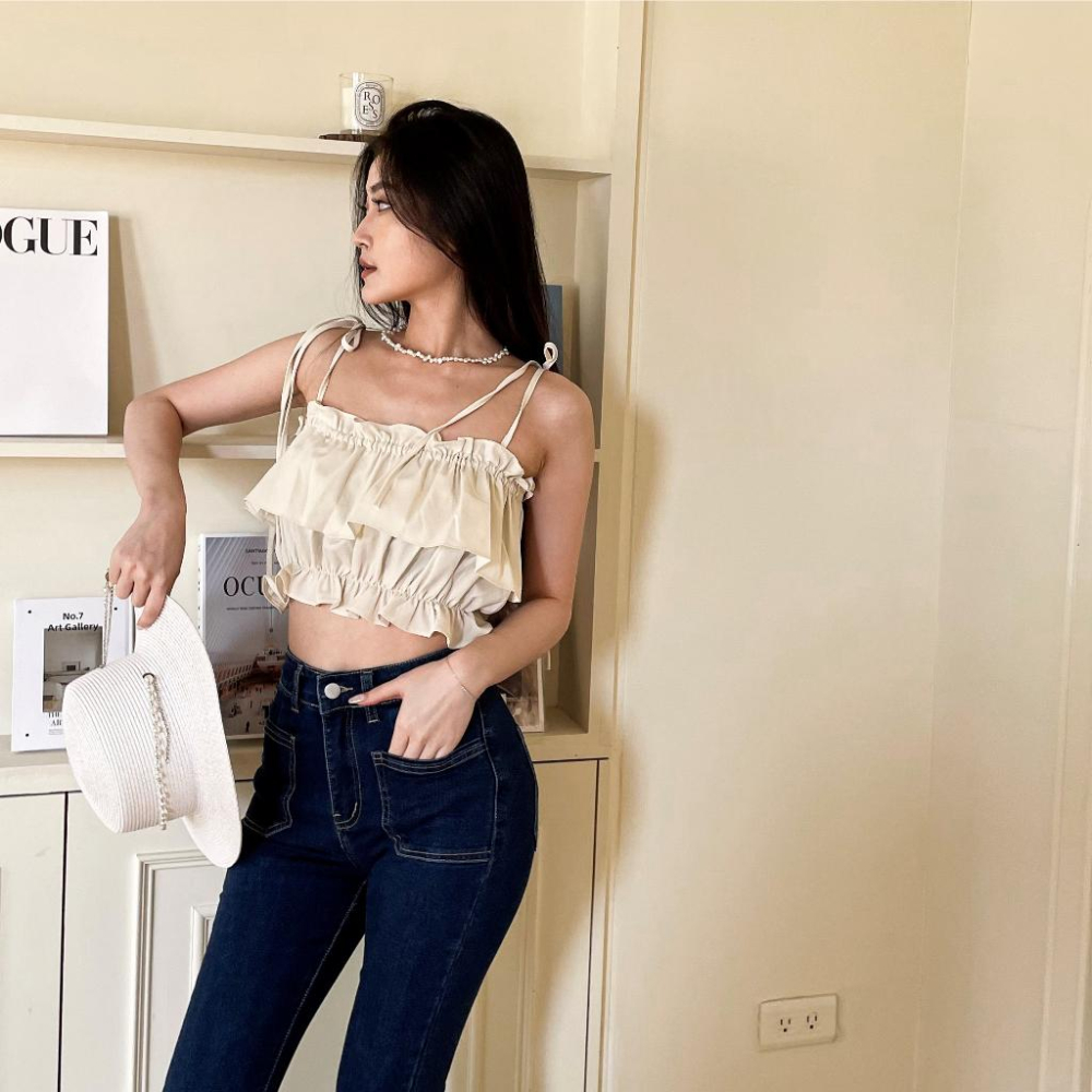 【DOE.FF】 綁帶荷葉抹胸上衣 (現貨) 露肩上衣 平口上衣 抹胸背心 平口背心 背心女 上衣女 雪紡上衣-細節圖7