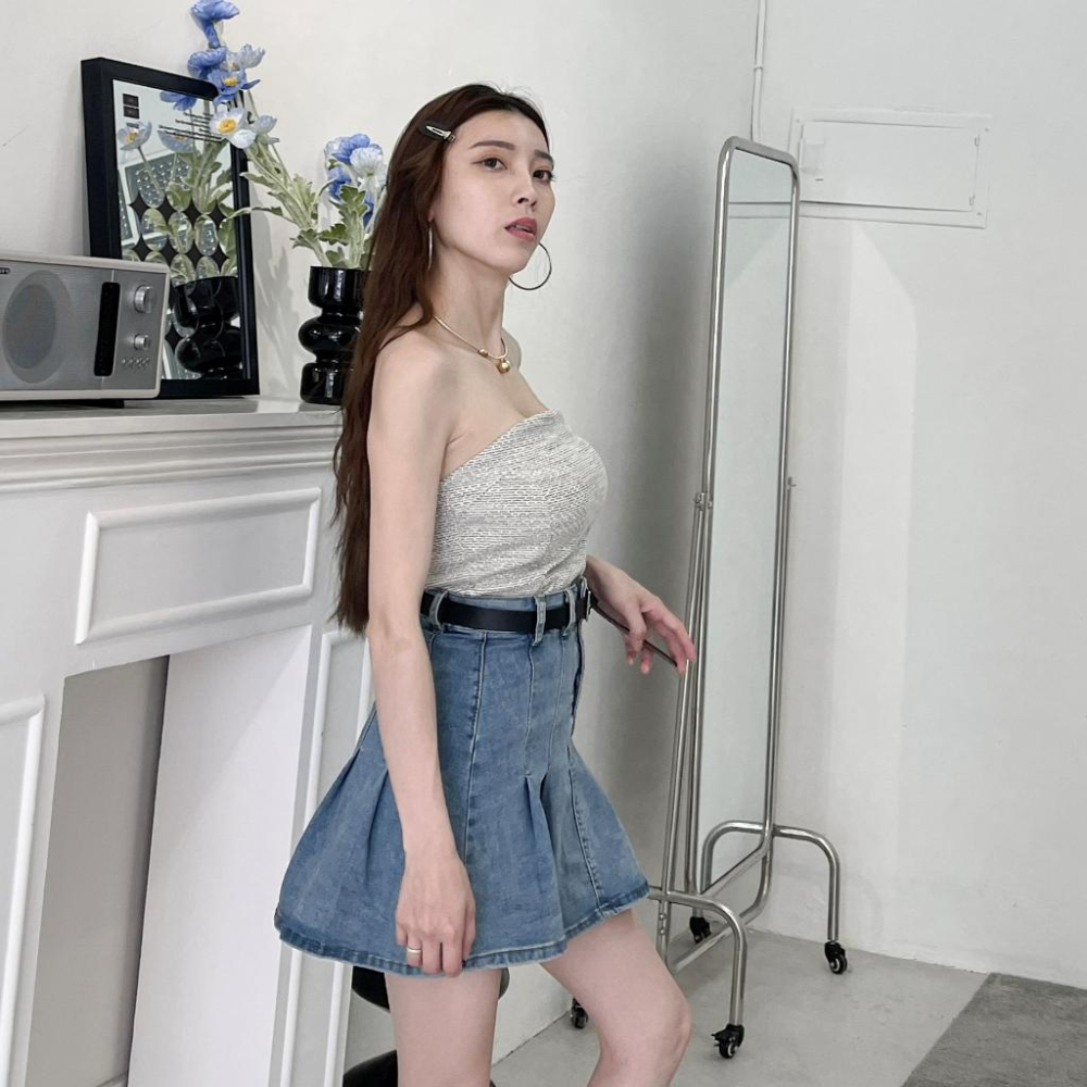 【DOE.FF】 附皮帶百摺牛仔短裙 (現貨) 百褶裙 褲裙 短裙 a字裙 高腰短裙 牛仔裙 迷你裙 顯瘦短裙 裙子女-細節圖4