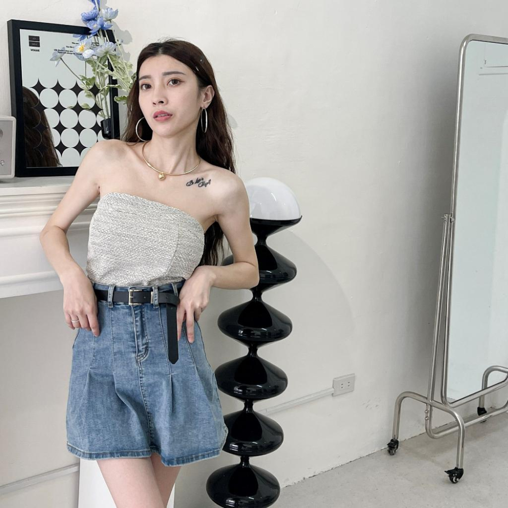 【DOE.FF】 附皮帶百摺牛仔短裙 (現貨) 百褶裙 褲裙 短裙 a字裙 高腰短裙 牛仔裙 迷你裙 顯瘦短裙 裙子女-細節圖5