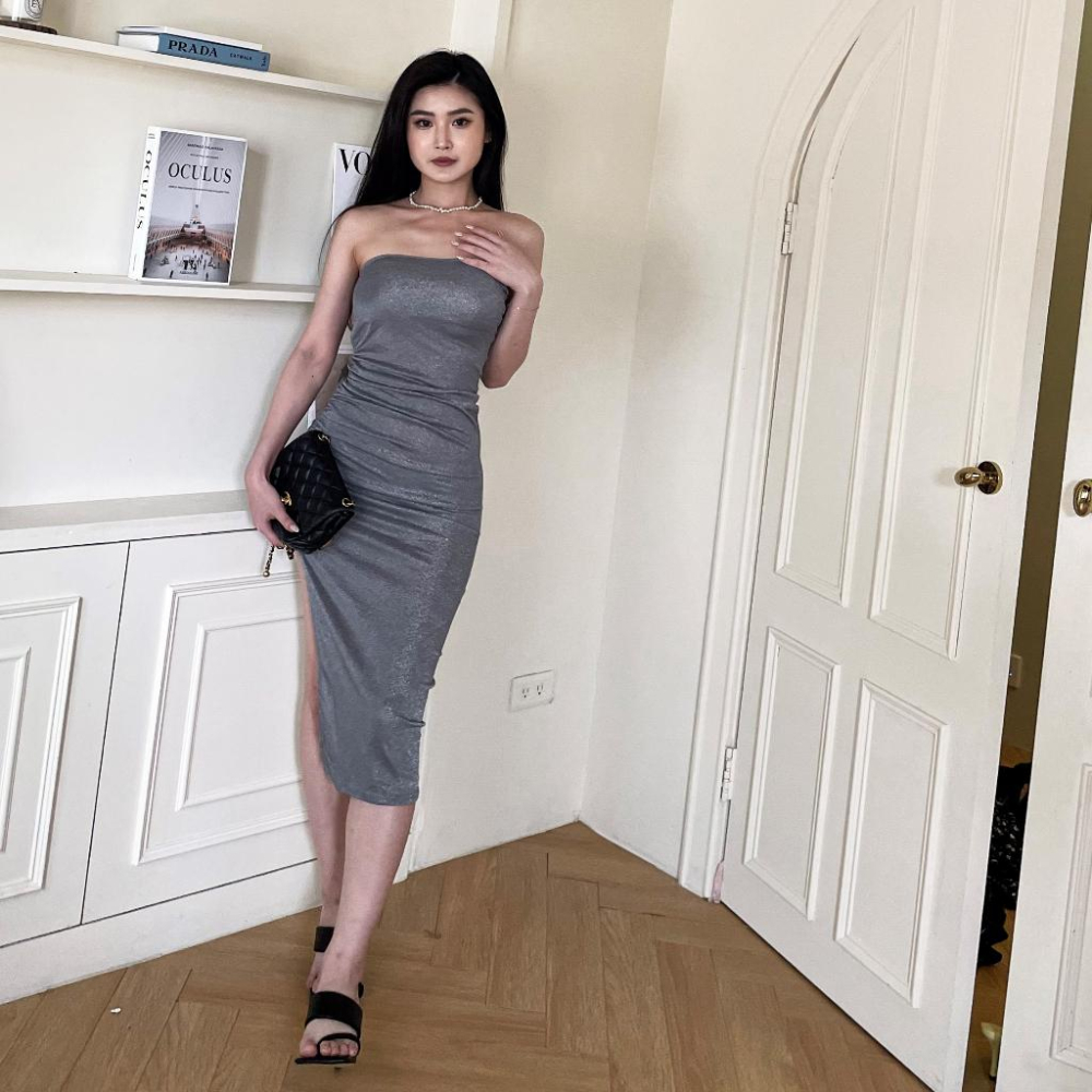 【DOE.FF】 珍妮風銀蔥抓皺長洋 (現+預) 洋裝 連身裙 顯瘦洋裝 長洋 辣妹洋裝 平口洋裝 韓國-細節圖4