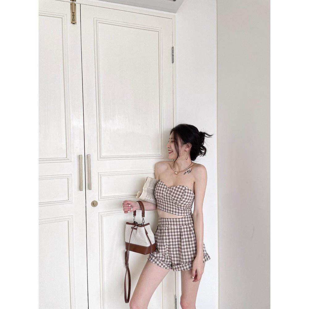 【DOE.F拍】格紋桃心馬甲短褲套裝｜現貨｜ 兩件式套裝 韓國 韓版 辣妹套裝 平口背心 雪紡套裝-細節圖5