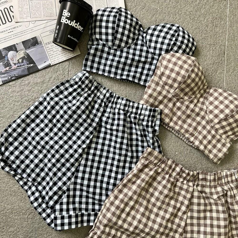 【DOE.F拍】格紋桃心馬甲短褲套裝｜現貨｜ 兩件式套裝 韓國 韓版 辣妹套裝 平口背心 雪紡套裝-細節圖7