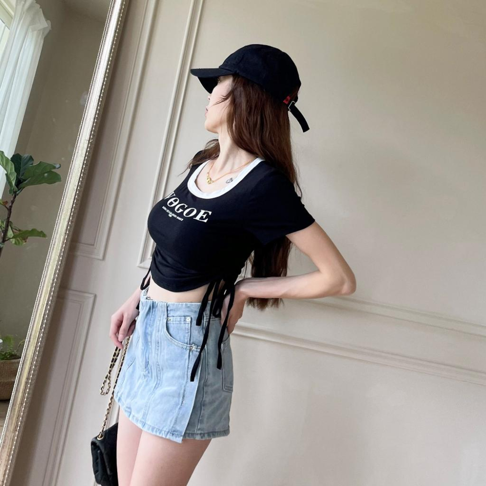 【DOE.FF】 字母抽繩棉短T (現貨) 素色上衣 素T T恤 TEE 短版上衣 圓領 上衣女 辣妹上衣 打底衣-細節圖2