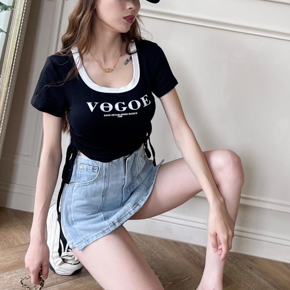 【DOE.FF】 字母抽繩棉短T (現貨) 素色上衣 素T T恤 TEE 短版上衣 圓領 上衣女 辣妹上衣 打底衣-細節圖3