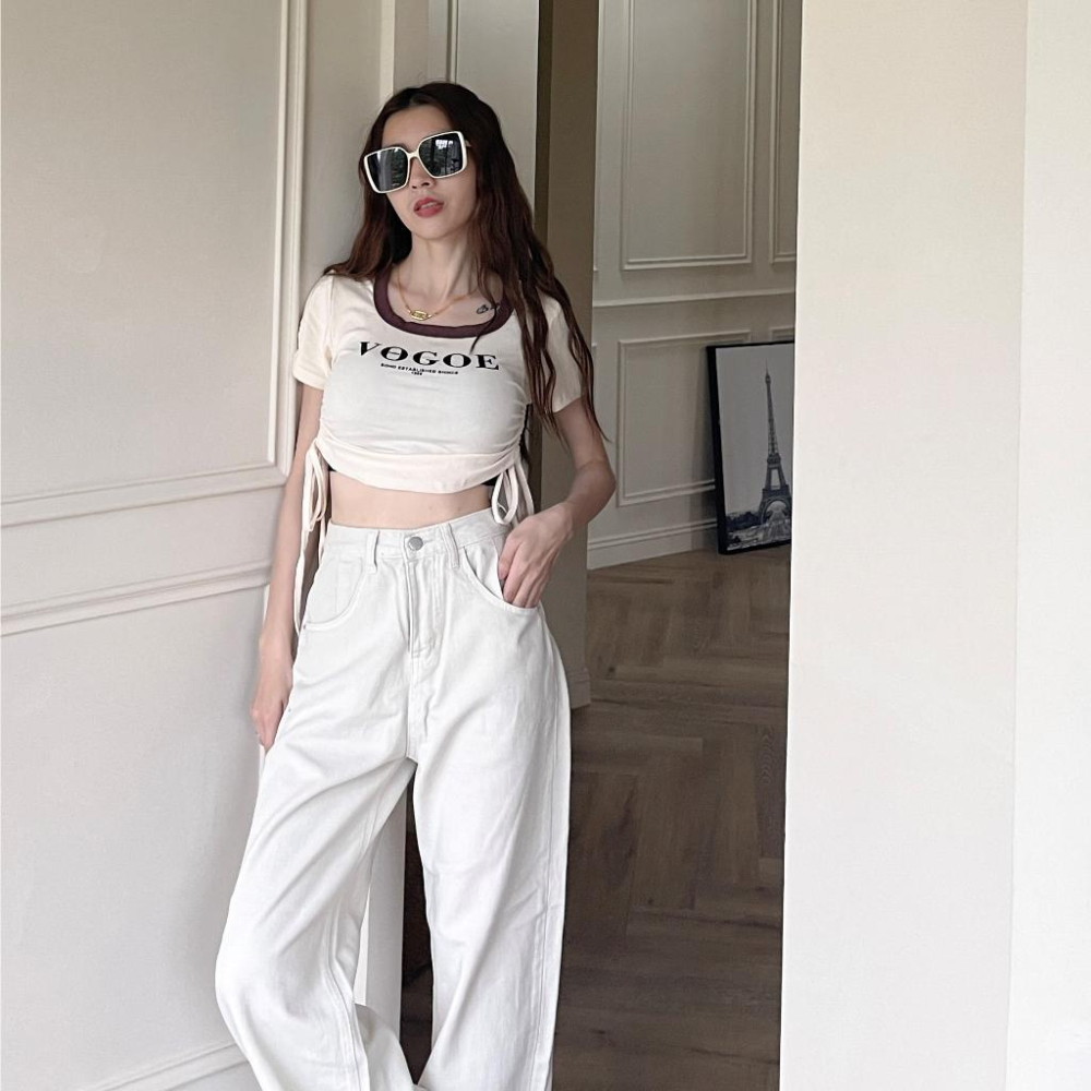 【DOE.FF】 字母抽繩棉短T (現貨) 素色上衣 素T T恤 TEE 短版上衣 圓領 上衣女 辣妹上衣 打底衣-細節圖7