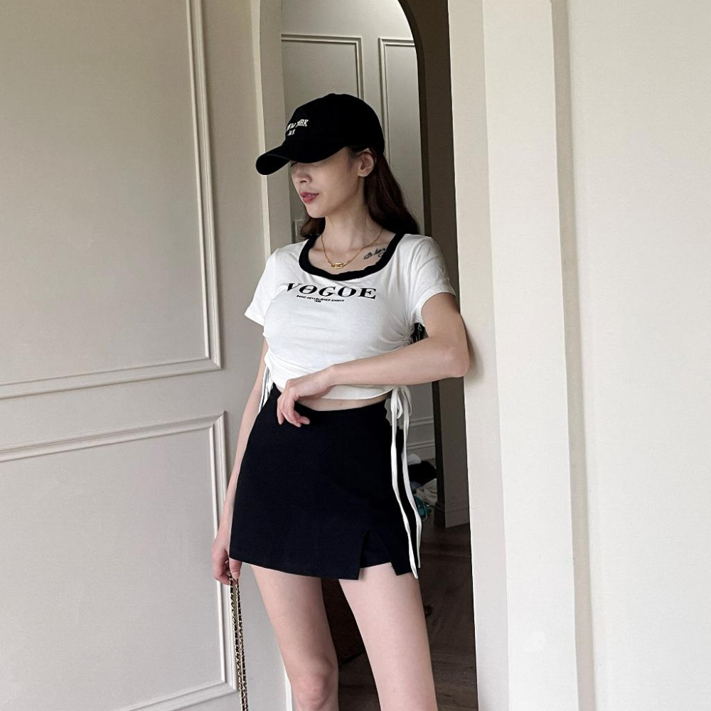 【DOE.FF】 字母抽繩棉短T (現貨) 素色上衣 素T T恤 TEE 短版上衣 圓領 上衣女 辣妹上衣 打底衣-細節圖9