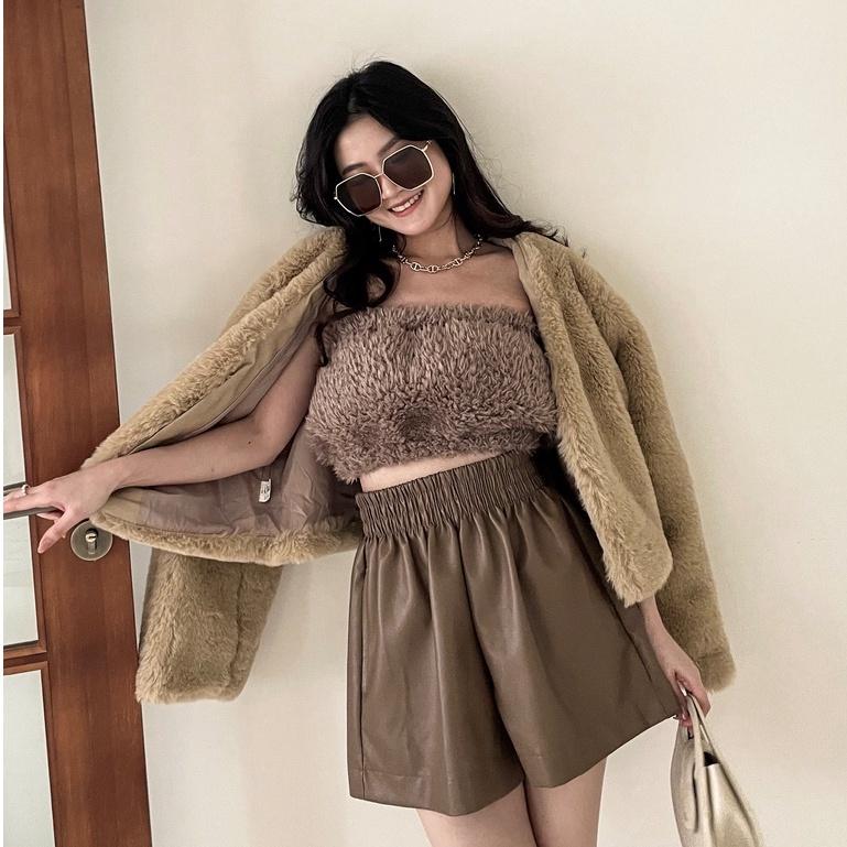 【DOE.FF】捲Q毛毛BRA背心 ｜現貨｜ 背心女 露肩上衣 一字領 毛毛背心 水貂毛 保暖背心 發熱背心 短版背心-細節圖3