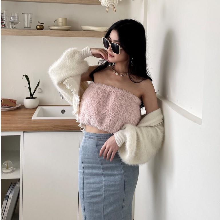 【DOE.FF】捲Q毛毛BRA背心 ｜現貨｜ 背心女 露肩上衣 一字領 毛毛背心 水貂毛 保暖背心 發熱背心 短版背心-細節圖5