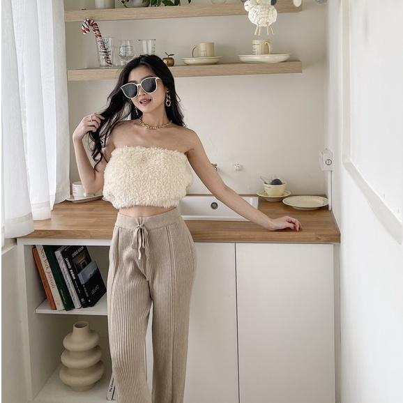 【DOE.FF】捲Q毛毛BRA背心 ｜現貨｜ 背心女 露肩上衣 一字領 毛毛背心 水貂毛 保暖背心 發熱背心 短版背心-細節圖7