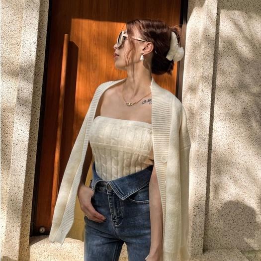 【DOE.FF】麻花針織平口背心外套兩件套 (現貨) 兩件式套裝 針織抹胸 針織寬鬆外套 針織毛衣 上衣女-細節圖2