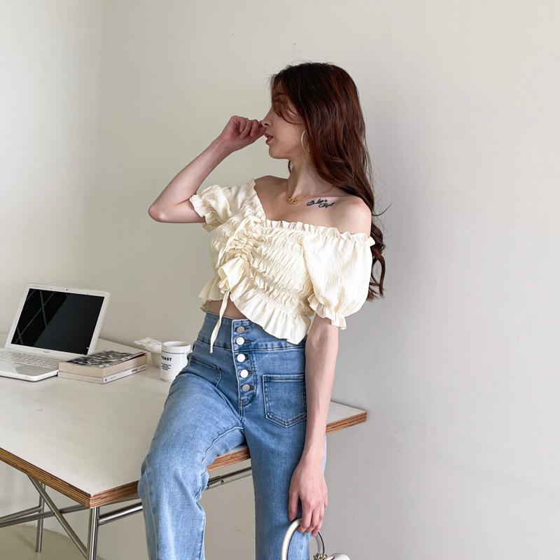 【DOE.FF】仙氣皺皺抽繩上衣 (現貨) 一字領上衣 一字領 露肩上衣 上衣女 短版上衣 辣妹上衣 辣妹風 女裝 雪紡-細節圖4