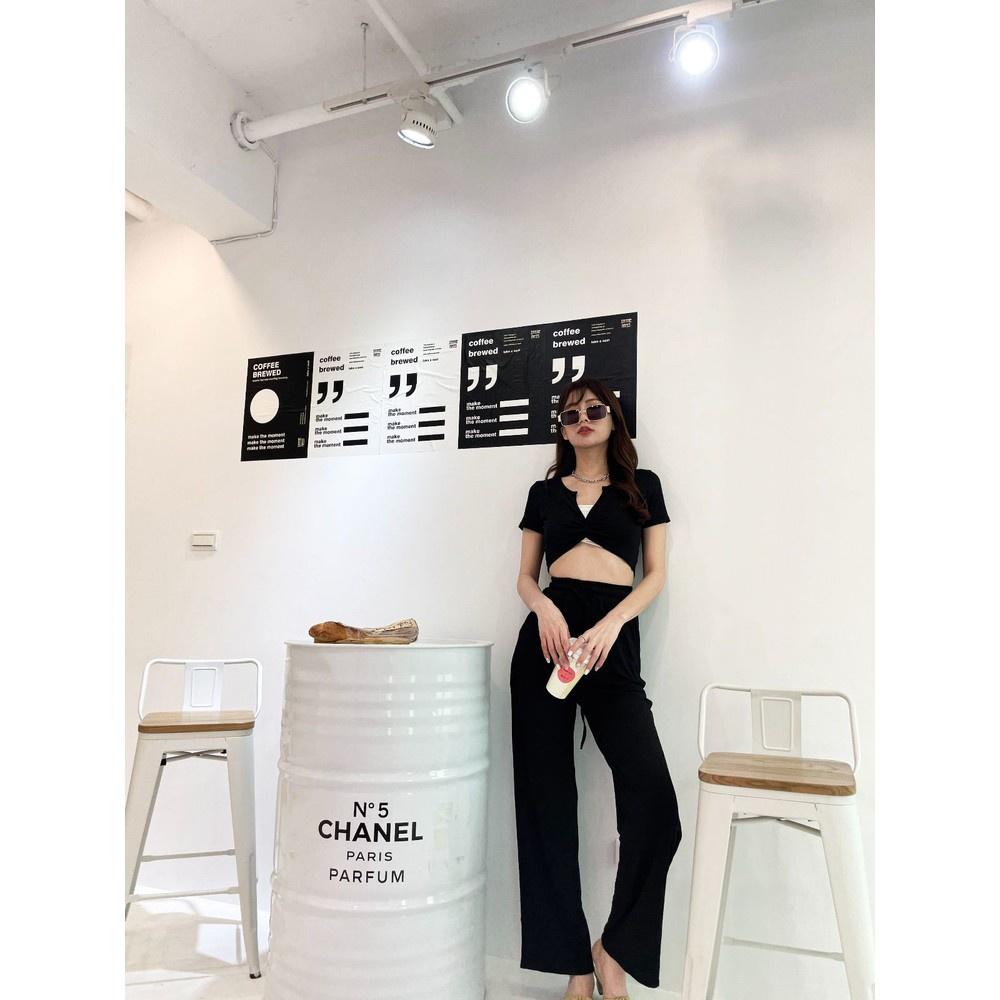 【DOE.FF】V領扭結寬褲套裝 （現貨·福利品） 套裝女 寬褲 闊腿褲 長褲女 辣妹套裝 女裝 短版上衣 短t-細節圖2