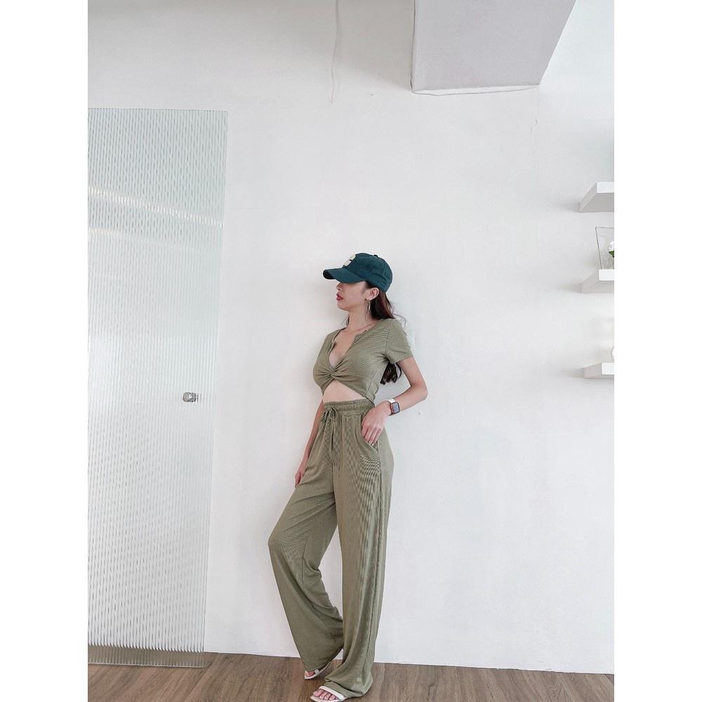 【DOE.FF】V領扭結寬褲套裝 （現貨·福利品） 套裝女 寬褲 闊腿褲 長褲女 辣妹套裝 女裝 短版上衣 短t-細節圖6
