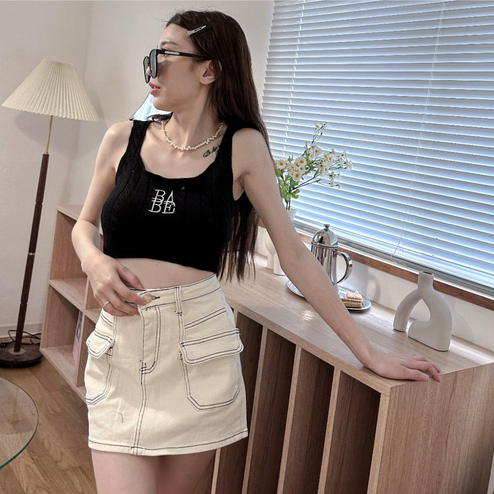 【DOE.FF】 車線A字牛仔短裙 (現貨) 褲裙 短裙女 牛仔短裙 迷你裙 A字裙 顯瘦短裙 高腰短裙 牛仔褲裙-細節圖3