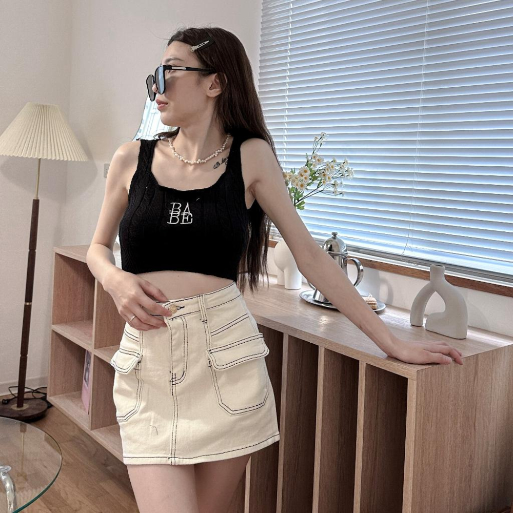 【DOE.FF】 車線A字牛仔短裙 (現貨) 褲裙 短裙女 牛仔短裙 迷你裙 A字裙 顯瘦短裙 高腰短裙 牛仔褲裙-細節圖4