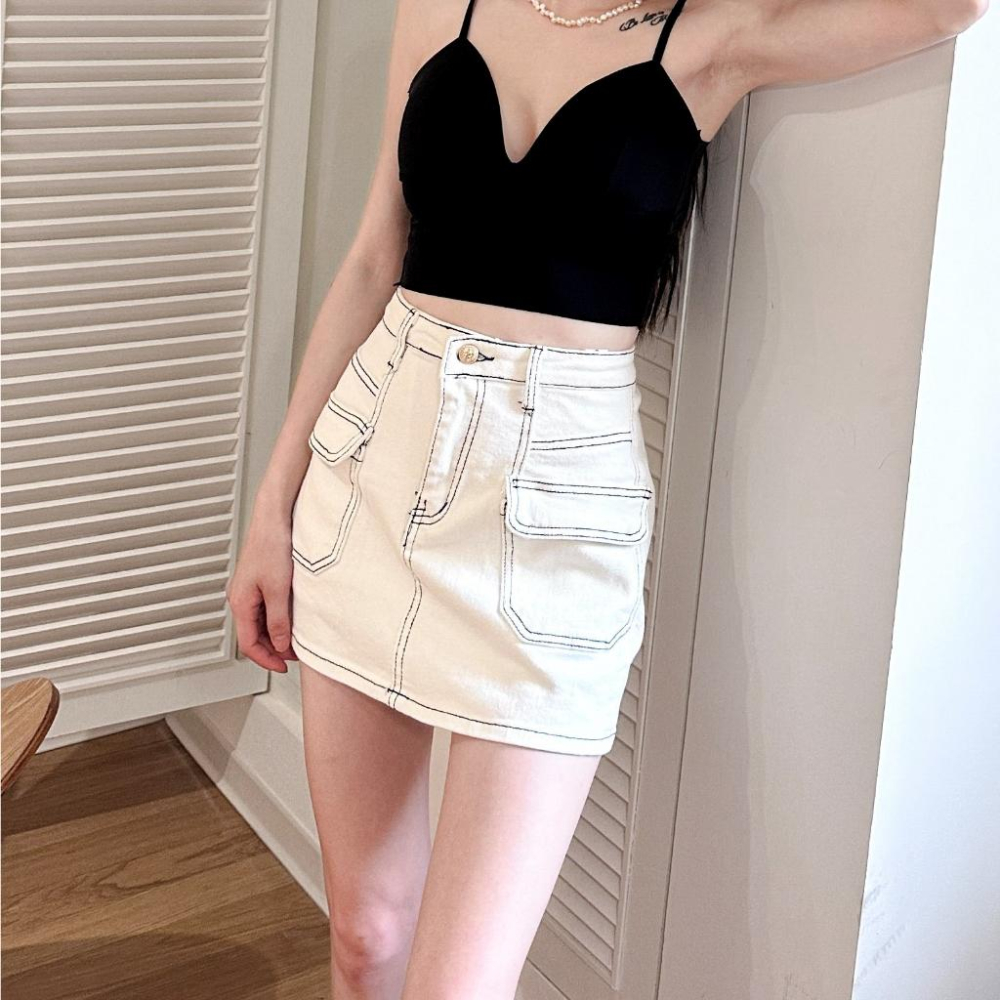 【DOE.FF】 車線A字牛仔短裙 (現貨) 褲裙 短裙女 牛仔短裙 迷你裙 A字裙 顯瘦短裙 高腰短裙 牛仔褲裙-細節圖5