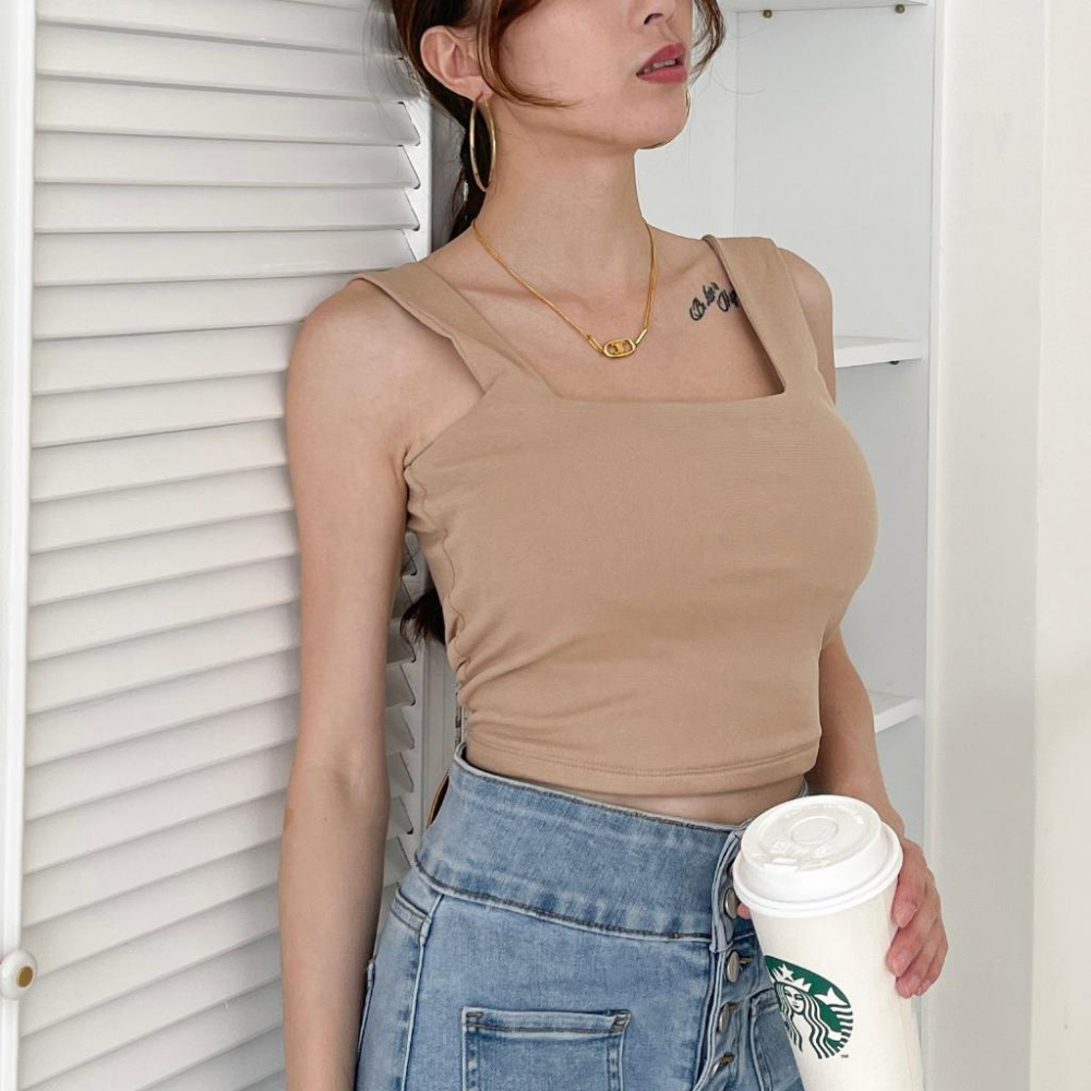 【DOE.FF】 遮副乳杯墊方領背心 (現+預) 短版上衣 辣妹上衣 BRATOP 短版背心 背心女 上衣女 歐美上衣-細節圖7