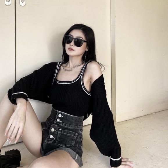 【DOE.FF】穿不好的外套滾邊兩件套｜現貨｜套裝女 秋冬 毛衣 女裝 快速出貨 背心女 針織外套 歐美 韓國 韓版-細節圖3